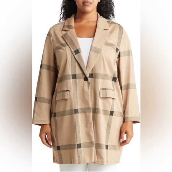 NEW, Sanctuary Catalina Patterned Long Coat in Camel Brown Plaid, Plus Size 1X - Picture 4 of 4